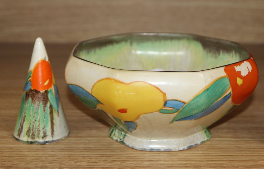 A Clarice Cliff Delecia Citrus conical salt, 8cm and an octagonal bowl